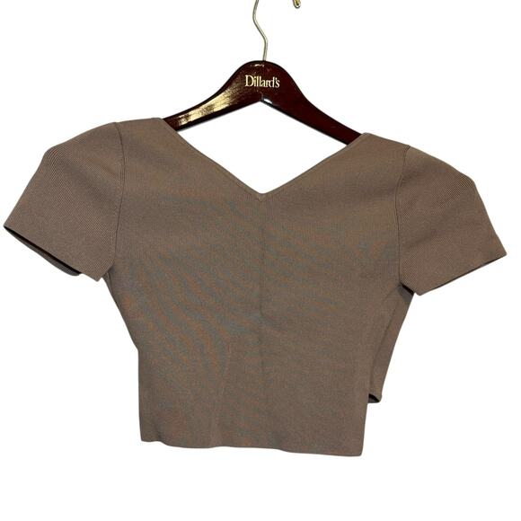 Babaton Faux Wrap Cross Front Cropped Tan Neutral Stretchy Shirt Top Size Small - Picture 2 of 7